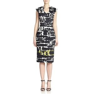 black halo • jazelle black white yellow abstract print pencil sheath dress